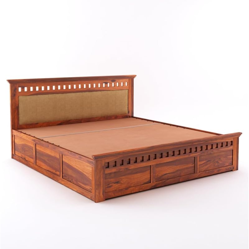 Image of Amazon Brand - Solimo Solid Sheesham Wood Kuber King Size Upholstered Bed with Box Storage + 2 Bedside | Wooden King Size Cot Bed | Double Bed with 2 Bedside Table for Bedroom (Honey Finish)