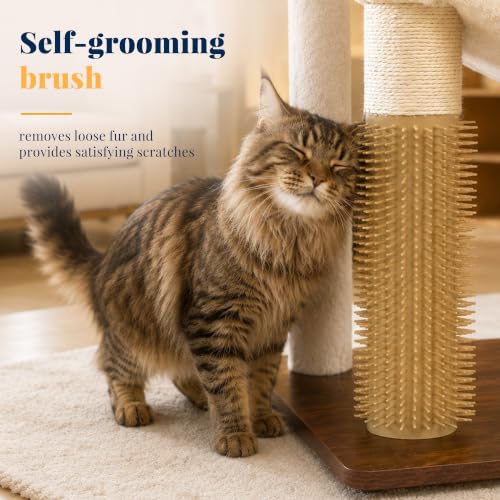 Image of Hey-brother Wooden Cat Tree Tower with Rattan Condo, Large Platform, 2 Cozy Hammocks, Basket, Self-Grooming Brush, 9 Full Sisal Scratching Posts for Indoor Adult Cats, 73 Inches, Rustic Brown MPJ122SR