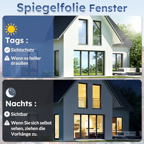 rabbitgoo Sonnenschutzfolie Fenster Innen & Außen Silber 44,5x200cm, Spiegelfolie Fenster Sichtschutz Fensterfolie Sonnenschutz Hitzeschutzfolie UV Schutzfolie Einseitig Blickdicht Wärmeschutzfolie