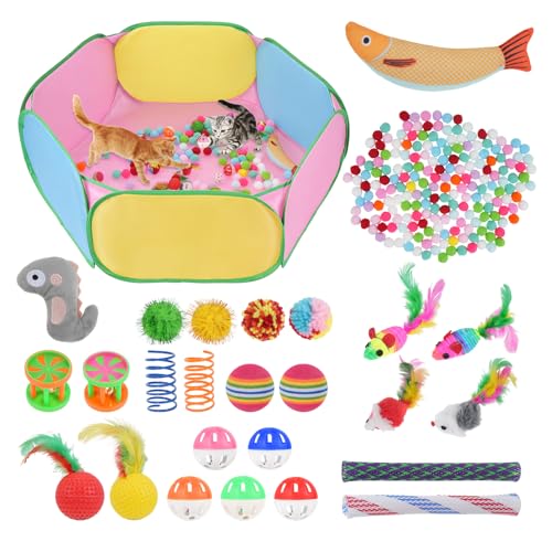 Foxtell Cat Ball Pit Include 226 PCS Interactive Cat Toys for Indoor Bored Self Play Enrichment Toy for Indoor Cats Interactive Fun and Exercise