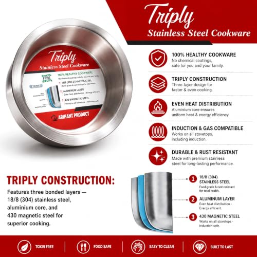 Image of Triply Stainless Steel Tope, Induction and Gas Stove Compatible, Heavy Duty Cookware Patila, 14 cm, Even Heat Distribution, Ideal for Boiling Milk, Cooking Rice, Dal and Everyday Use