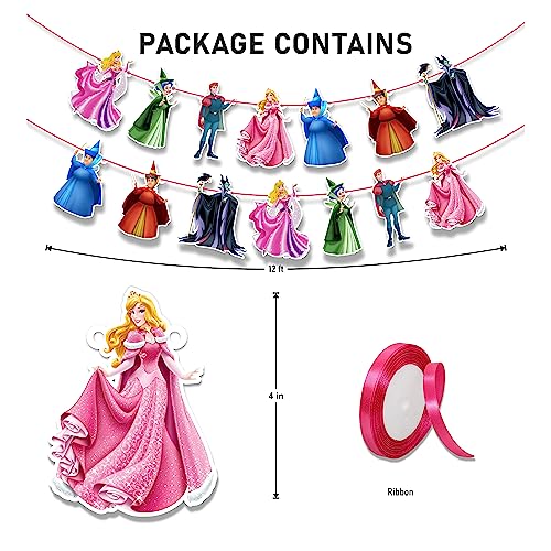 Image of Sleepin Beauty Garland Decoration - Princss-Themed Party Banner Featuring Castles, Crowns, Roses & Magical Icons - Elegant Supplies for Birthdays, Celebrations & Themed Events