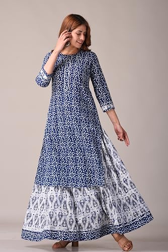 Image of KANNAHI Women Pure Cotton Blue and Rust Ethnic Motif Ajrakh Handblock Printed Kurta Set