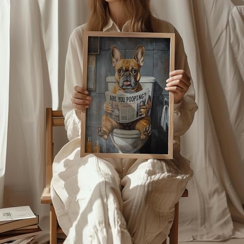 Image of French Bulldog on Toilet Wood Framed Wall Art Print Poster, Dog Bathroom Humor Decor Posters Prints for Restroom Home Picture Painting Artwork Gallery 7 (French Bulldog, 11 inchW x 14 inchL, Wood Frame)