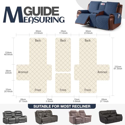 Image of KinCam 100% Waterproof Recliner Loveseat Cover with Console, Non-Slip Reclining Couch Covers for 2 Seat, Recliner Sofa Cover Furniture Protector with Elastic Straps for Kids, Pets, Blue