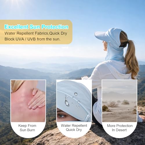 Image of Women Wide Brim Face Mask Sun Hat Detachable Neck Face Flap Ponytail UV Protection Visor Hat Garden Fishing Hiking