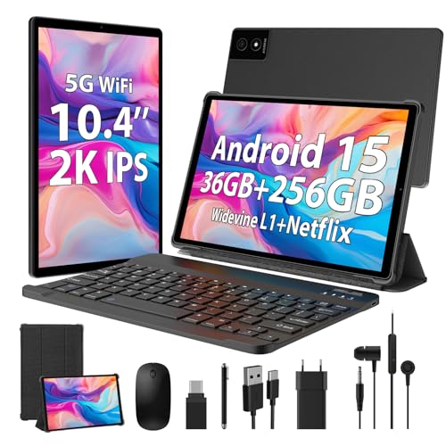 WOREGOO 10.4 Pouces Tablette Android 15, 5G WiFi, 36GB RAM+256GB ROM(1TB TF), 2000x1200 FHD, Octa-Core, Widevine L1/8000mAh/8MP+13MP/BT5.0/GPS/GMS, avec Clavier et Souris, Noir