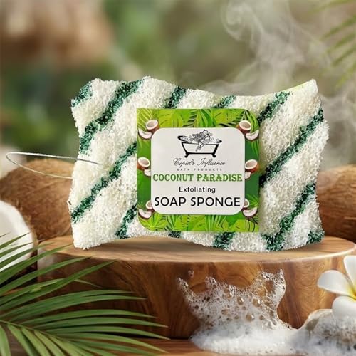 Image of Coconut Paradise Exfoliating Soap Filled Sponge | Shower Puff | Tan Remover & Body Scrub | Exfoliating Body Wash | Coconut Soap | Stocking Fillers | Valentine's Day Gift | Massage Bath & Shower Sponge