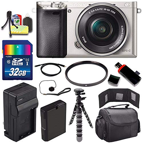 Sony Alpha a6000 Mirrorless Digital Camera with 16-50mm Lens (Silver) + Battery + Charger + 32GB Bundle 2 - International Version (No Warranty)