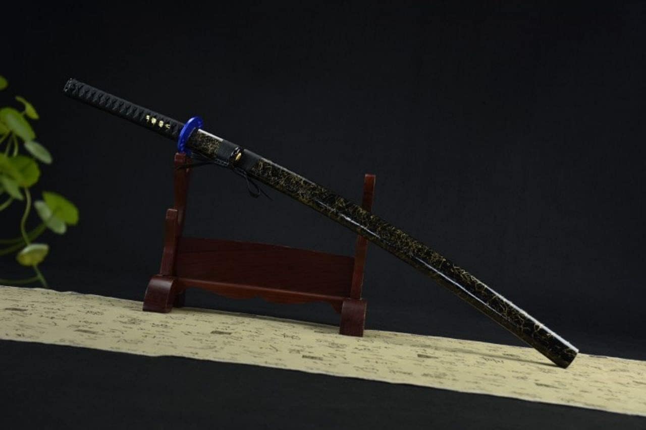 Special Blue Thunder and Lightning Blade Katana Combat High Manganese Steel Japanese Samurai Sword Full Tang Blade Sharp Blue Tsuba Black Gold Saya (Black)