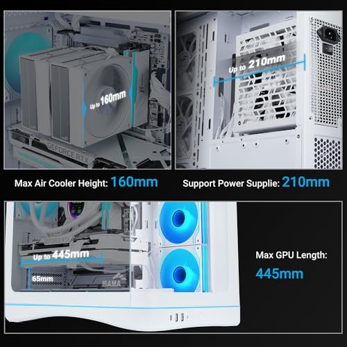 Image of SAMA V62 ATX PC Case, 7 Infinity Mirror ARGB PWM Fans with Fan Hub, Curved Tempered Glass Panoramic Mid Tower, Reverse Blade Fans, Type-C, 360mm Radiator Support Gaming Case (White)