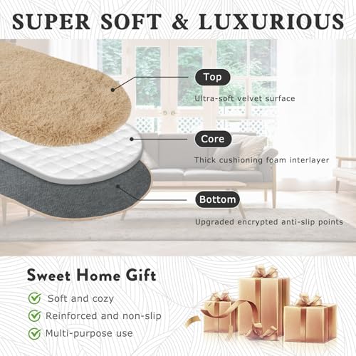 Soft Fluffy Rugs for Bedroom, Beige Fuzzy Shaggy Oval Bedside Area Rug Set of 2, Non-Slip Cozy Plush Shag Carpet for Kids Room Nursery Dorm Living Room, 2.6 x 5.3 Feet