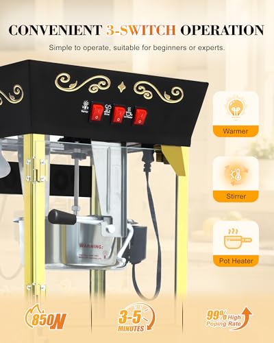 Image of Large Popcorn Machine with Cart: 12 Oz Vintage Commercial Popcorn with Foldable Stand Makes Up to 48 Cups, 3 Serving Cups, Measuring Cups & a Scoop for Home Party Office, Black