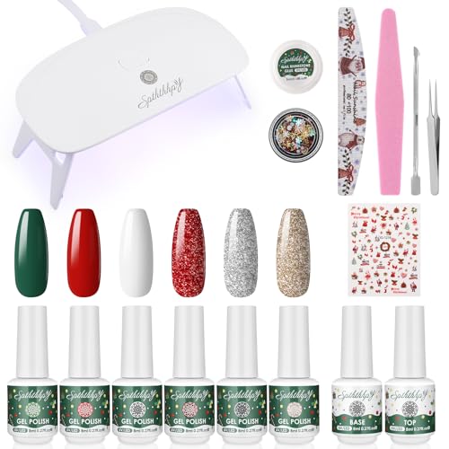SPTHTHHPY Christmas Gel Nail Polish with UV Light,6 Christmas Colors Gel Polish,Christmas Nail Stickers Nail Rhinestones and Mini Nail Lamp
