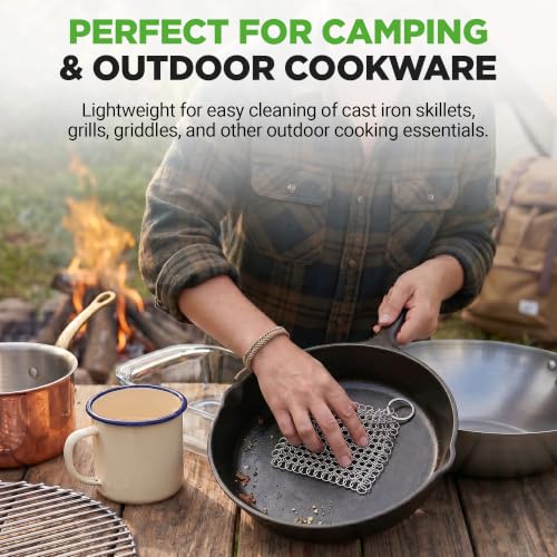 Image of NutriChef Stainless Steel Cast Iron Cleaner - 3.94 inchx3.94 inch Rustproof Dishwasher Safe Chainmail Metal Scraper Cleaning Tool for Preseasoned Pans, Pot, Dutch Oven, Skillet, Wok, Waffle Iron