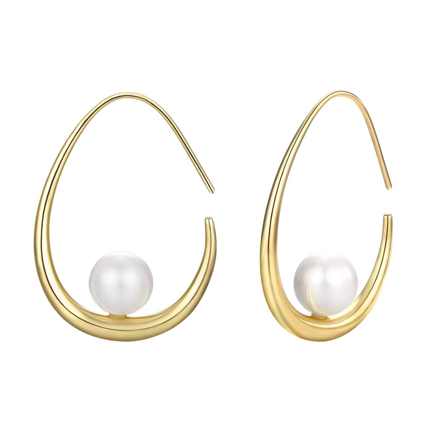 Lightweight Teardrop Hoop Earrings for Women - 14k Gold/White Gold Plated Large Oval Pull Through Hoop Earrings High Polished Statement Jewelry Gift for Women