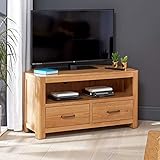 The Furniture Market Soho Curved Oak Corner TV Unit – Fits TVs Up to 50” | Modern Oak Corner TV Stand with Open Shelf and Storage Drawers | Natural Oak Finish - H 550mm x W 1050mm x D 550mm