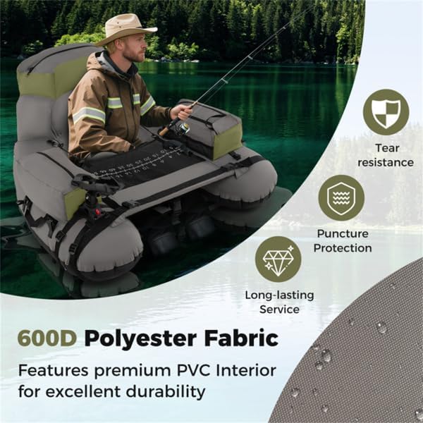350lbs Inflatable Fishing Float Tube - 2 Air Chambers, Rod Holder+Fish Ruler, Green+Gray