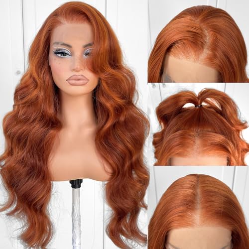 MITIMES 13x6 Glueless Ginger Wig Orange Synthetic HD Lace Front Wig Pre-Plucked Ginger Body Wave Wear And Go Lace Front Wig For Women