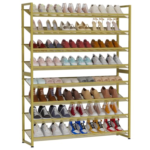 Image of Large Shoe Rack 8 Tier Shoe Organizer, Heavy Duty Metal 4-Tier Stackable Shoe Storage Vertical Shoe Rack for Closet Front Door Entrance, Up to 50 Pairs, 44.8 inch W x 11.4 inch D x 56.7 inch H, Gold