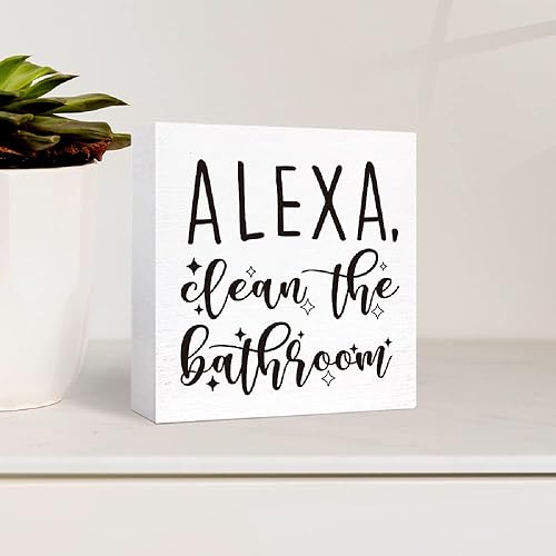 Miniatura 3 de Letrero de madera con texto en inglés "Alexa Clean the Bath", divertido letrero de baño para estantes, baño, baño, estantes, decoración, 5 pulgadas