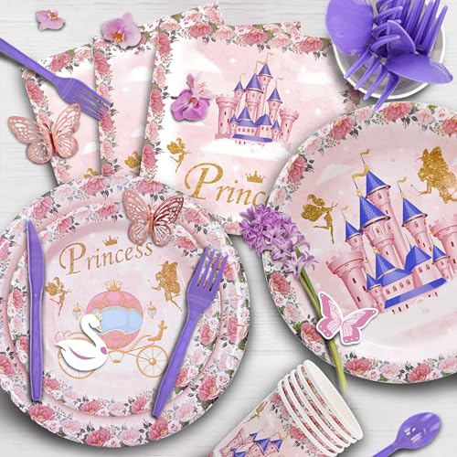 Image of 164 PCS Princess Birthday Party Decorations For Girl, 12 Tableware Sets, Castle Balloons, Balloon Arch, Disposable Paper Plates, Backdrop, Balloon Pump, Princess Party Decorations