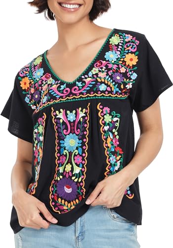 YZXDORWJ Women's Mexican V Neck Top Peasant Embroidered Blouse Traditional Summer Short Sleeve Shirt2