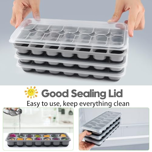 Silicone Ice Cube Tray, 8 Pack Easy-Release & Flexible 14-Ice Cube Trays with Spill-Resistant Removable Lid, Stackable Ice Trays with Covers for Freezer, Cocktail (4 Black+ 4 Grey)