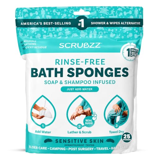 Image of Scrubzz Disposable No Rinse Bathing Wipes for Senstive Skin - 25 Pack - All-in-1 Single Use Shower Wipes, Simply Dampen, Lather, and Dry Without Shampoo or Rinsing (Sensitive Skin, 1-Pack)