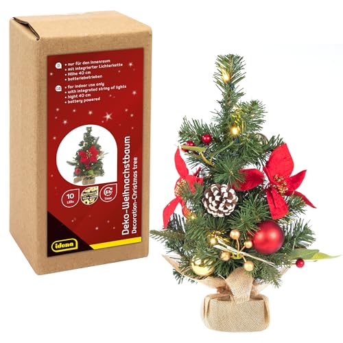 Idena 31901 - Albero di Natale Decorativo con 10 LED Bianco Caldo, ca. 40 cm, Albero di Natale con Decorazioni Rosso-Oro, Decorazioni Natalizie per Interni, Alimentato a batterie con Timer