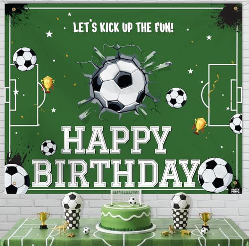 Image of Party Propz Football Theme Birthday Decoration Backdrop (5x4 ft) 2 Pcs- Soccer Theme Happy Birthday Backdrop Banner Cloth with Ribbon, HBD Decoration for Boys