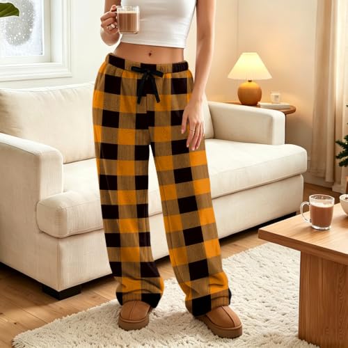 Women's Wide Leg Pants Fluffy Checkered Flannel Palazzo Pj Bottoms - image 3