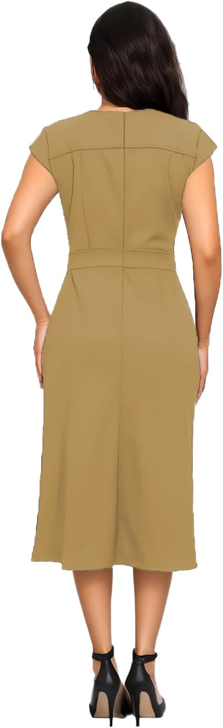 DeftSharp Women's V Neck Workday Dresses Button Down Swing Midi Shirt Dress with Pockets - Image 2