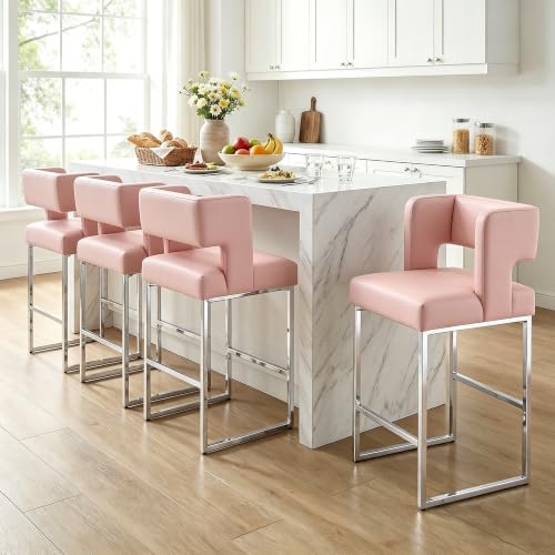 Image of Counter Height Bar Stools Set of 4, Pink Leather Chair Silver Legs | 26 inch Seat Height Fits Standard Kitchen Islands, Upholstered Barstools, Back Support, Square Metal Legs, Footrest