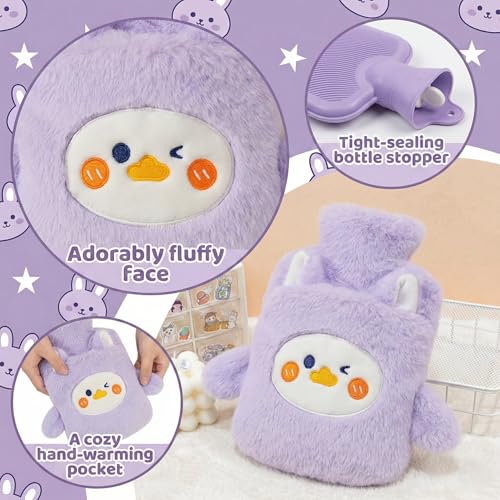 Image of Hot Water Bottle with Plush Duck Cover 1000ML Premium Leak-Proof Heating Bag for Period Cramps, Back, Neck & Joint Pain Relief Hot & Cold Compress for Muscle Injuries & Swelling with Bunny Sleeve (Lavender - Duckling)