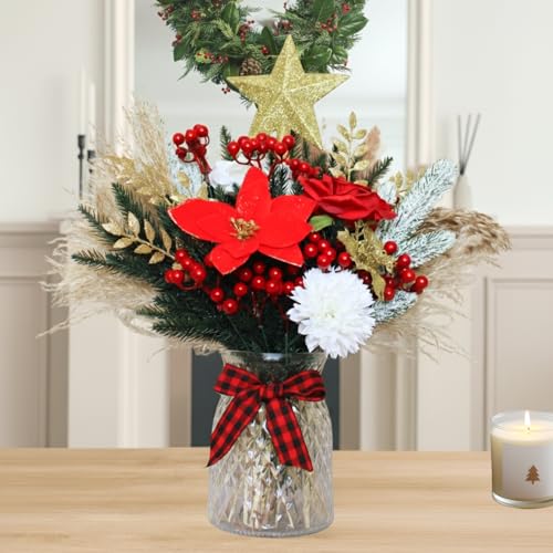 RyddeligHome Christmas Centerpieces for Tables, Holiday Table Decor, 100pcs Christmas Floral Arrangements in Vase, Pottery Xmas Decorations, Artificial Poinsettia Red Berry Pine Branches