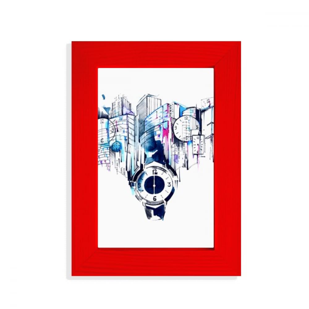 Horloge de bâtiment moderne de ville design cadre photo aquarelle rouge mural