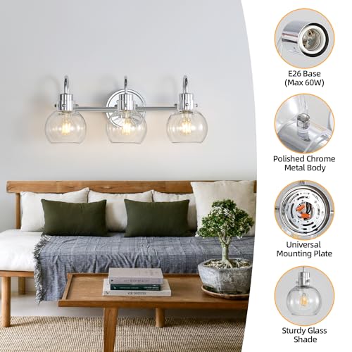 Image of Bathroom Light Fixtures Polished Chrome 3 Light Vanity Light Wall Sconces Lighting with Clear Globe Glass Shades Bath Wall Mount Lamp for Mirror Kitchen Porch Living Room Bedroom Hallway(E26)
