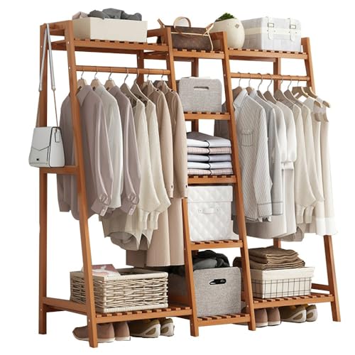 Porte-manteau de rangement en bambou sur pied pour armoire ouverte de grande capacité