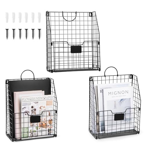 WantuSee Hanging Wall File Organizer, Foldable Metal Wire Wall Mounted Hanging Magazine Holder for Files, Newspapers, Magazines with Tag Slot for Office, Home Organization, 3 Packs, Black