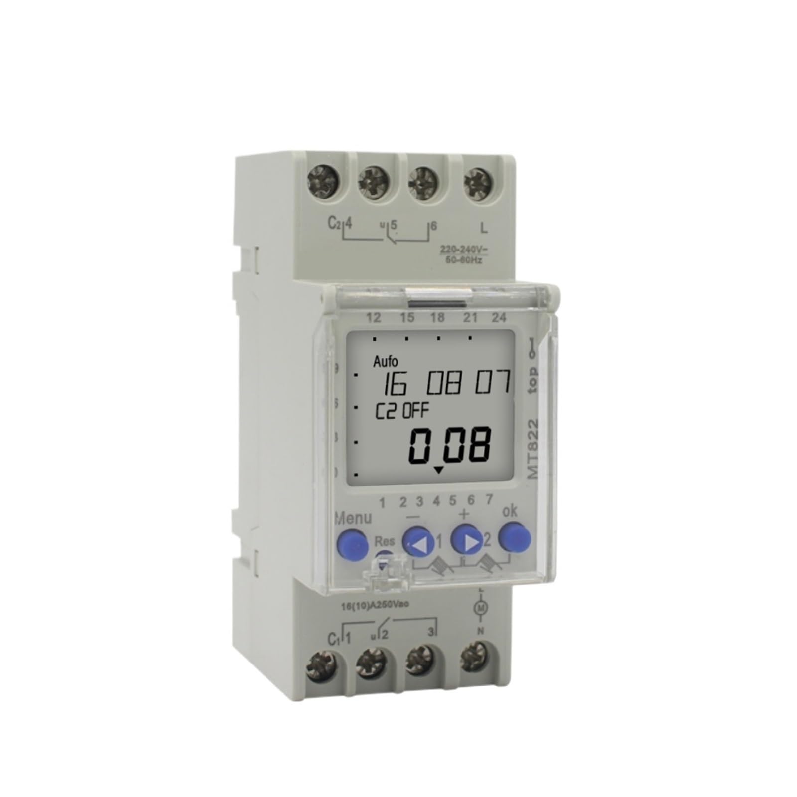 Interruptor Temporizador Digital Multifuncional MT822 de 250 V CA, 2 Canales, con Pantalla L/C/D y Ciclo de 7 días