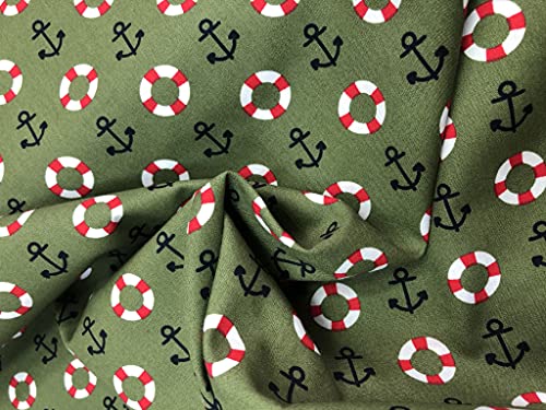 Tissu patchwork coton imprimé ancre marine et bouée sur fond kaki Cover