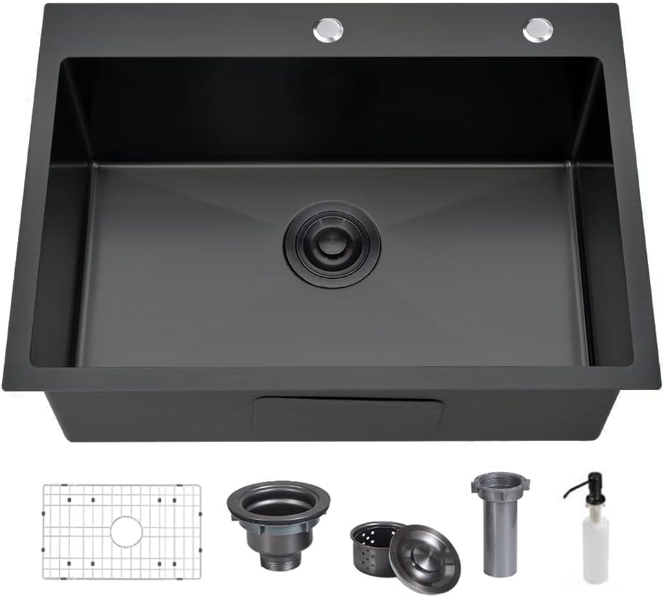 304 Stainless Steel Black Bar Sink, 33 X 22 Inch Drop In RV Kitchen Sink Modern Deep Single Bowl Topmount Wet Workstation Sink with Dish Grid & Drain
