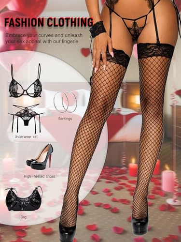 Image of Women Sexy Tights Fishnet Stockings Thigh High Lace Top Silicone Stay Up
