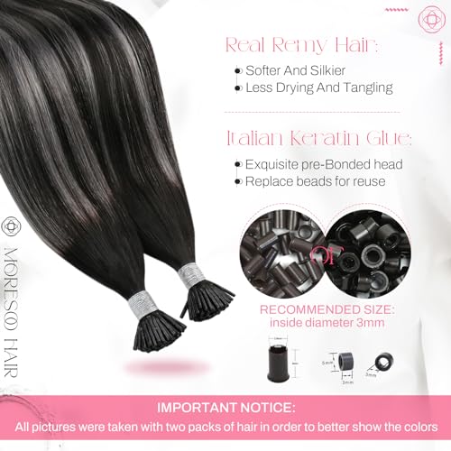 Image of Moresoo I Tip Hair Extensions Human Hair, Black Silver Balayage, 20 Inch | 40g 50 strands, long straight length, cold fusion hair extensions for travel, holidays and versatile styling