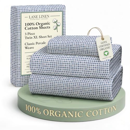 Image of LANE LINEN 100% Organic Cotton Pre Washed Extra Long Twin Sheets Low Pill Fade Resistant Macine Wash Naturally Temperature Regulating Printed Cotton Sheets Twin XL Bed Sheets- Polka Dot Blue