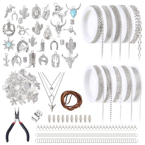 Meneng Necklace Jewelry Making Kit: 10 Rolls 78.7 Feet Silver Stainless Steel Chains for DIY Western Necklace Bracelet - Jewelry Making Supplies for Beginners