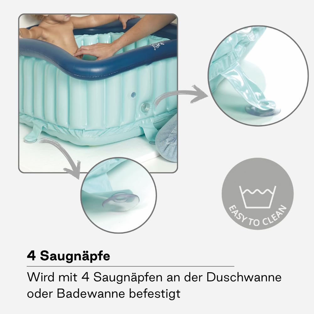 Jané Duschverkleinerer Baby Aufblasbar 60x60 cm, Babybadewanne Duschwanne, 70L, mit Saugnäpfen, Ablaufventil, Pumpe, Blau