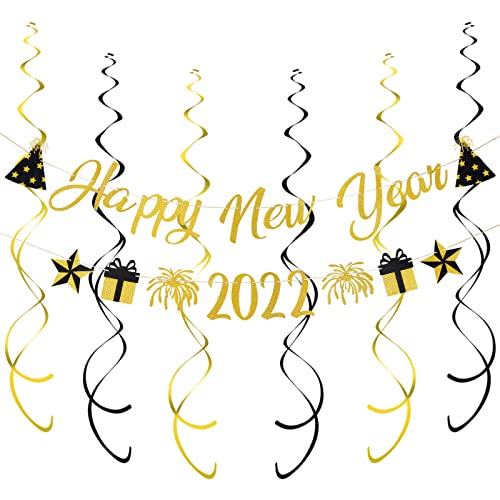 Happy New Year 2022 Banner Gold Glitter and New Years Hanging Swirls,New Years Eve Party Supplies 2022,Happy New Year Decorations 2022,Cheers to 2022 Banner,New Years Fireplace Mantle Decorations,2022 New Years Decorations for Home Office Decor