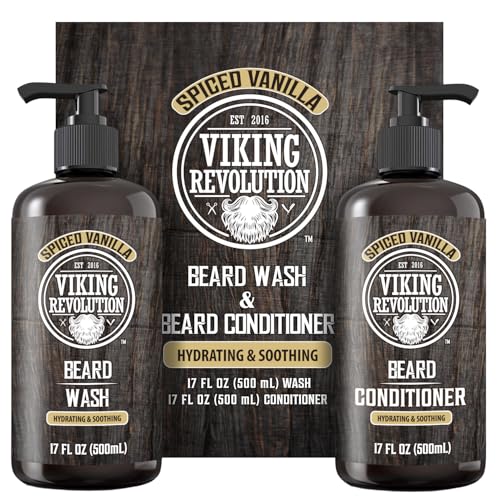 Viking Revolution Beard Wash and Beard Conditioner for Men with Argan Oil and Jojoba Oil - Beard Softener and Strengthener Beard Care Beard Shampoo and Conditioner with Beard Oil (17oz Spiced Vanilla)